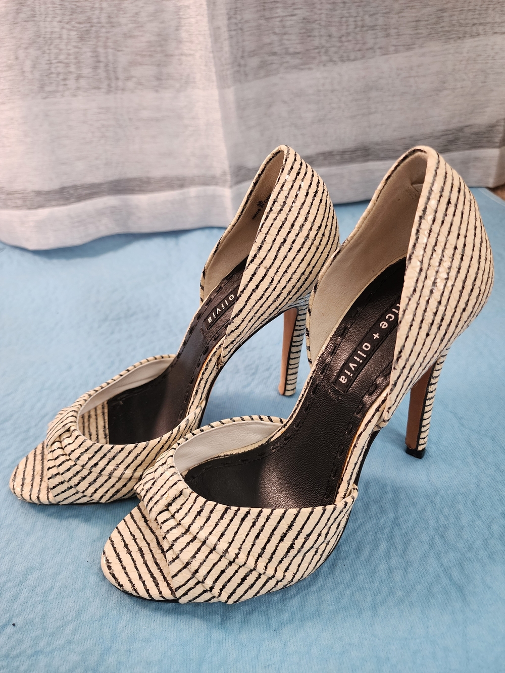 Alice + Olivia Black and Cream Striped Peep-Toe Stiletto Heels